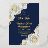  Navy Blue and Gold Ivory Roses Wedding 箔招待状 (正面)