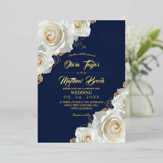  Navy Blue and Gold Ivory Roses Wedding 箔招待状 (立ち正面)