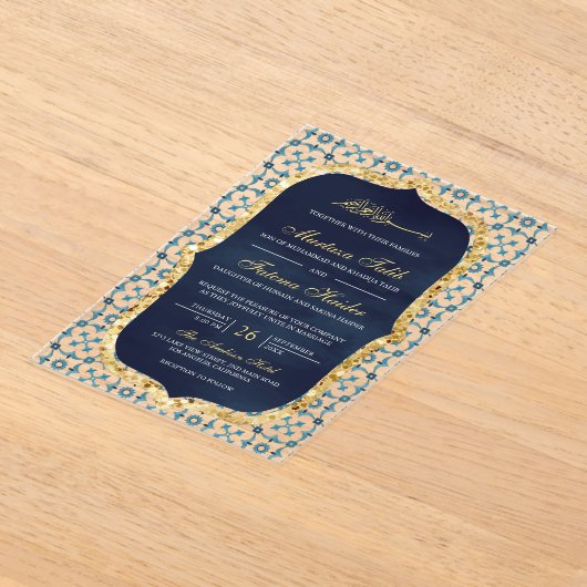 Navy Blue and Gold Moroccan Tile Islamic Wedding アクリル招待状 (レイダウン)