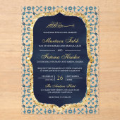 Navy Blue and Gold Moroccan Tile Islamic Wedding アクリル招待状 (正面)