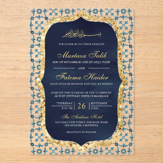 Navy Blue and Gold Moroccan Tile Islamic Wedding アクリル招待状 (正面)