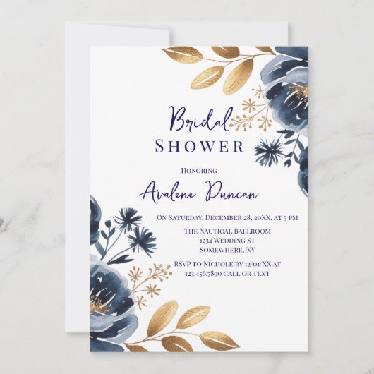 Navy Blue and Gold Peony Bridal Shower 招待状 (正面)