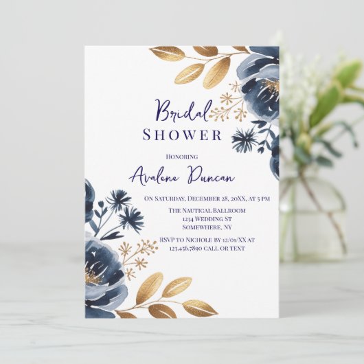 Navy Blue and Gold Peony Bridal Shower 招待状 (スタンド正面)