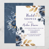 Navy Blue and Gold Peony Bridal Shower 招待状 (正面/裏面)