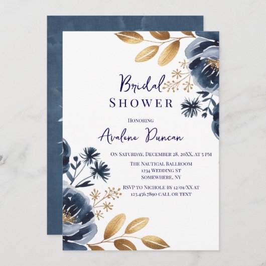Navy Blue and Gold Peony Bridal Shower 招待状 (正面/裏面)