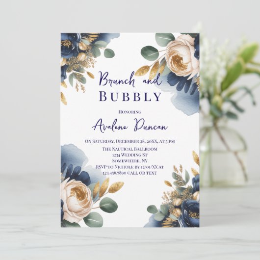 Navy Blue and Gold Peony Brunch and Bubbly 招待状 (スタンド正面)