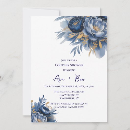 Navy Blue and Gold Peony Flower Couples Shower 招待状 (正面)