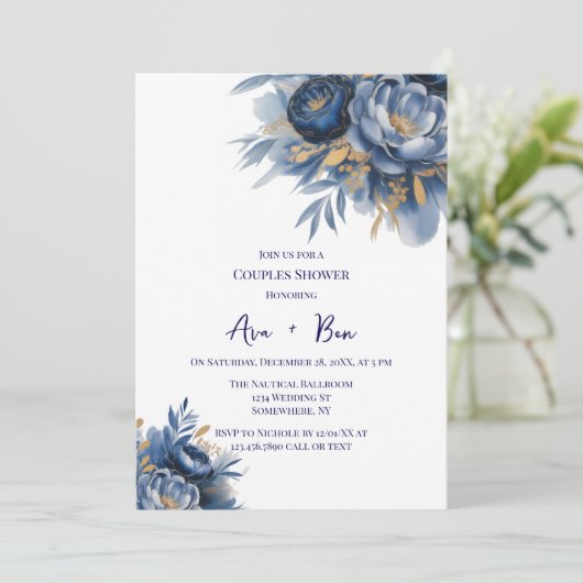 Navy Blue and Gold Peony Flower Couples Shower 招待状 (スタンド正面)