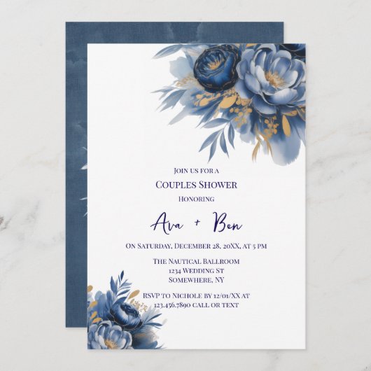Navy Blue and Gold Peony Flower Couples Shower 招待状 (正面/裏面)