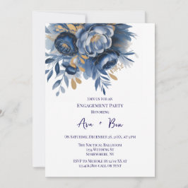 Navy Blue and Gold Peony Flower Engagement Party 招待状