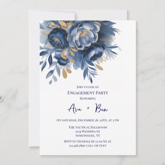 Navy Blue and Gold Peony Flower Engagement Party 招待状 (正面)