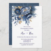 Navy Blue and Gold Peony Flower Engagement Party 招待状 (正面/裏面)
