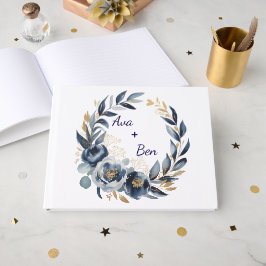Navy Blue and Gold Peony Flower Wedding ゲストブック