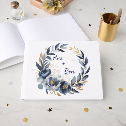 Navy Blue and Gold Peony Flower Wedding ゲストブック (正面見開き)
