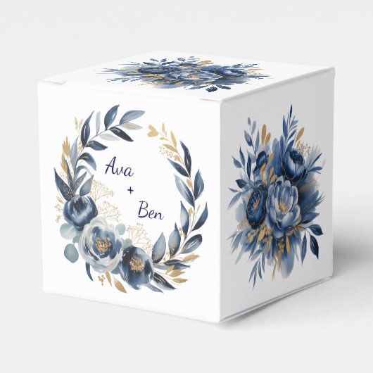 Navy Blue and Gold Peony Flower Wedding フェイバーボックス (正面サイド)