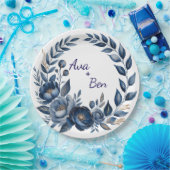 Navy Blue and Gold Peony Flower Wedding ペーパープレート (パーティー)