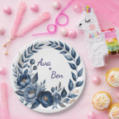 Navy Blue and Gold Peony Flower Wedding ペーパープレート (パーティー)