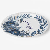 Navy Blue and Gold Peony Flower Wedding ペーパープレート (アングル)