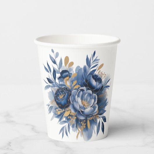 Navy Blue and Gold Peony Flower Wedding 紙コップ (裏面)