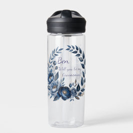 Navy Blue and Gold Peony Flower Wedding Groomsmen ウォーターボトル