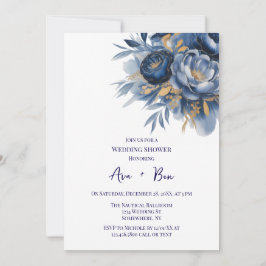 Navy Blue and Gold Peony Flower Wedding Shower 招待状