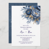 Navy Blue and Gold Peony Flower Wedding Shower 招待状 (正面/裏面)