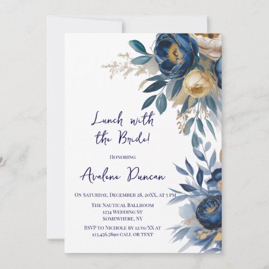 Navy Blue and Gold Peony Lunch With The Bride 招待状 (正面)