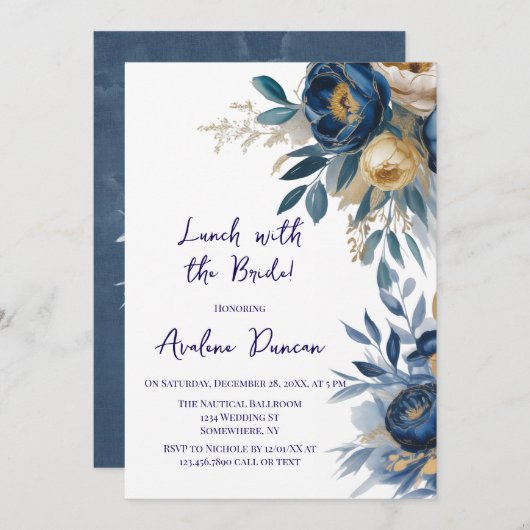 Navy Blue and Gold Peony Lunch With The Bride 招待状 (正面/裏面)