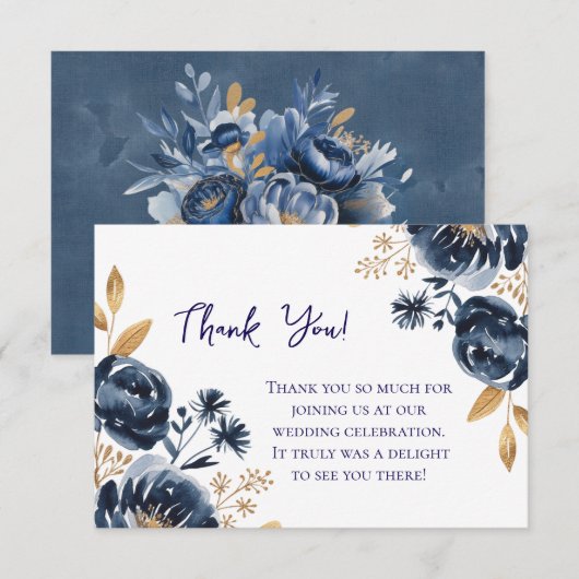 Navy Blue and Gold Peony Wedding サンキューカード (正面/裏面)