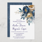Navy Blue and Gold Peony Wedding Celebration 招待状 (正面/裏面)