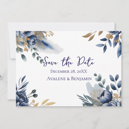 Navy Blue and Gold Peony Wedding Thank You Card (正面)