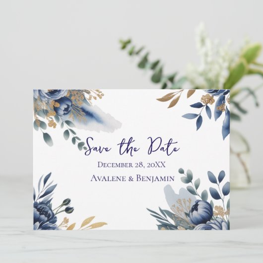 Navy Blue and Gold Peony Wedding Thank You Card (スタンド正面)