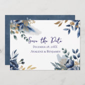 Navy Blue and Gold Peony Wedding Thank You Card (正面/裏面)