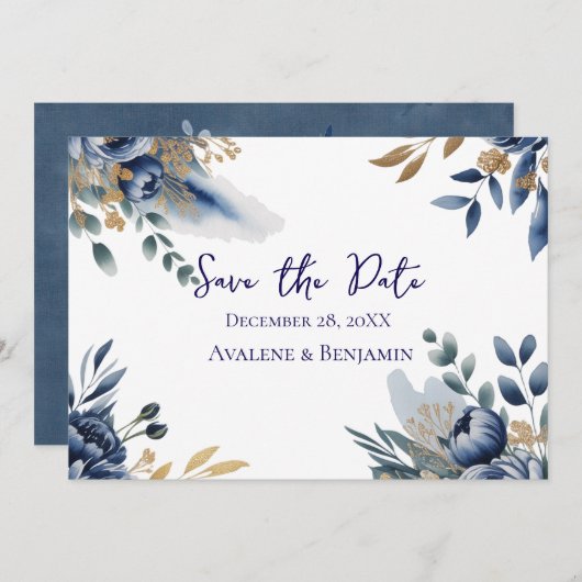 Navy Blue and Gold Peony Wedding Thank You Card (正面/裏面)