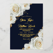  Navy Blue and Gold Roses Floral Wedding 箔招待状 (正面)