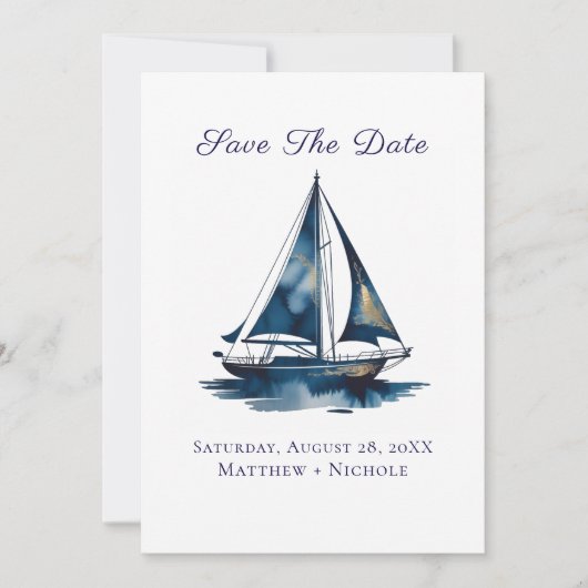 Navy Blue and Gold Sailboat Nautical Wedding セーブザデート (正面)