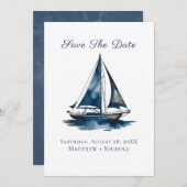 Navy Blue and Gold Sailboat Nautical Wedding セーブザデート (正面/裏面)