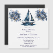 Navy Blue and Gold Sailboat Nautical Wedding マグネット招待状 (正面/裏面)