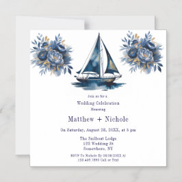 Navy Blue and Gold Sailboat Nautical Wedding マグネット招待状