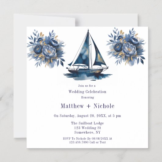 Navy Blue and Gold Sailboat Nautical Wedding マグネット招待状 (正面)