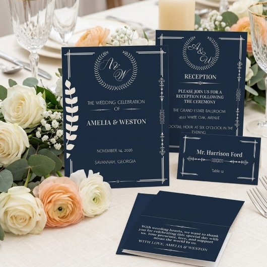 Navy Blue and Ivory Elegant Formal Wedding RSVP 