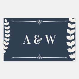 Navy Blue and Ivory Elegant Laurel Monogram Weddin 長方形シール