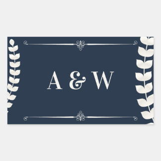 Navy Blue and Ivory Elegant Laurel Monogram Weddin 長方形シール