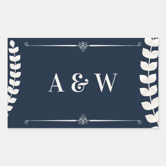 Navy Blue and Ivory Elegant Laurel Monogram Weddin 長方形シール (正面)