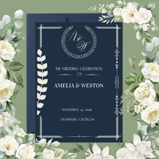 Navy Blue and Ivory Elegant Laurel Wreath Wedding 招待状