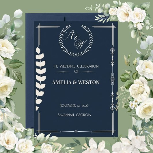 Navy Blue and Ivory Elegant Laurel Wreath Wedding 招待状