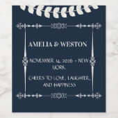 Navy Blue and Ivory Elegant Ornamental Wedding ワインラベル (シングルラベル)