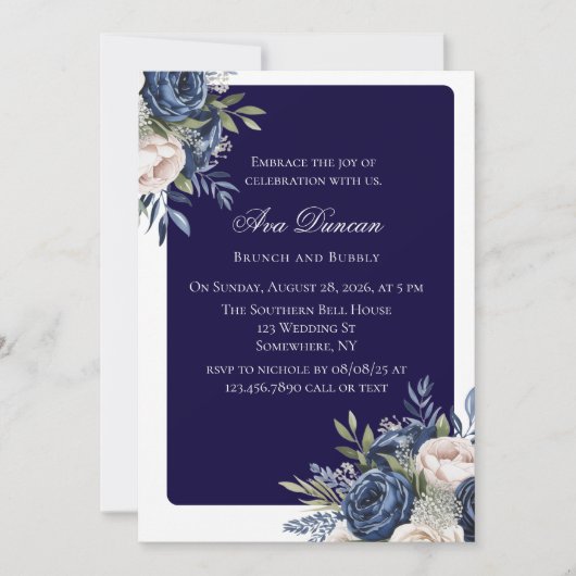 Navy Blue and Ivory Floral Brunch and Bubbly 招待状 (正面)
