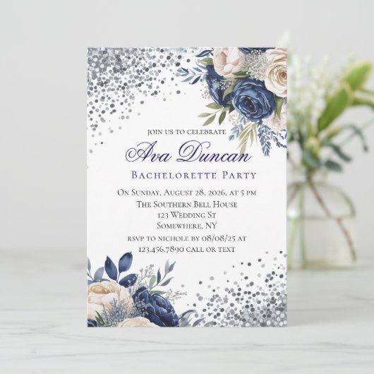 Navy Blue and Ivory Floral Couples Shower 招待状 (スタンド正面)