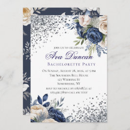 Navy Blue and Ivory Floral Couples Shower 招待状